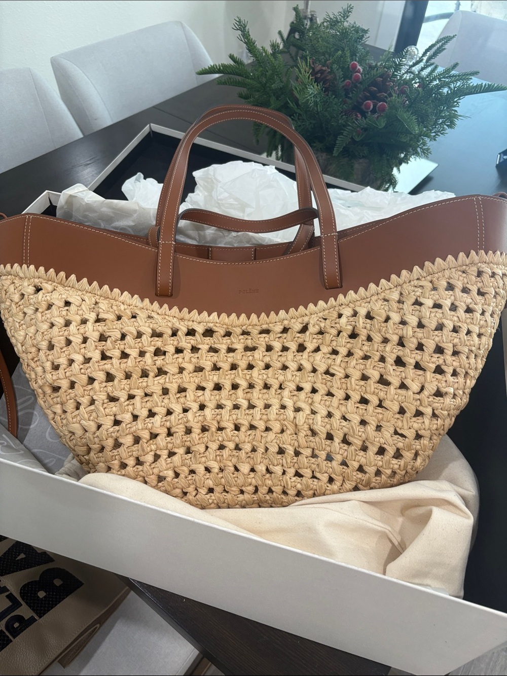 NWT Polène Cyme Cream Woven Tote with Brown Leather Trim - Picture 8 of 9